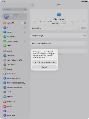 If you turn off the function, press Turn Off Syncing iCloud Drive.