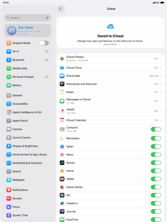 Press the indicators next to the required data types to turn synchronisation of each data type on or off.