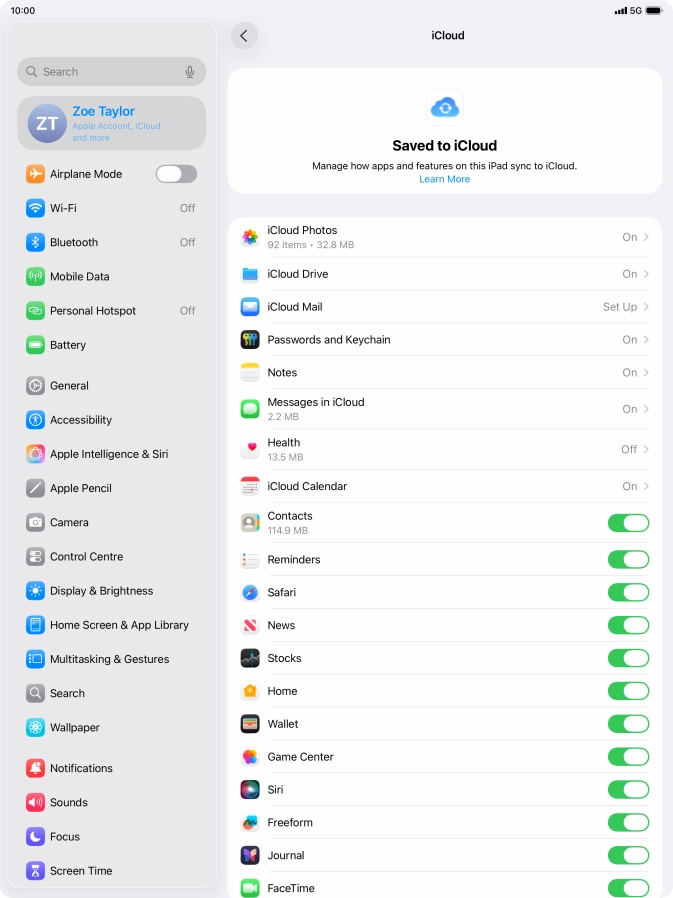 Press the indicators next to the required data types to turn synchronisation of each data type on or off.