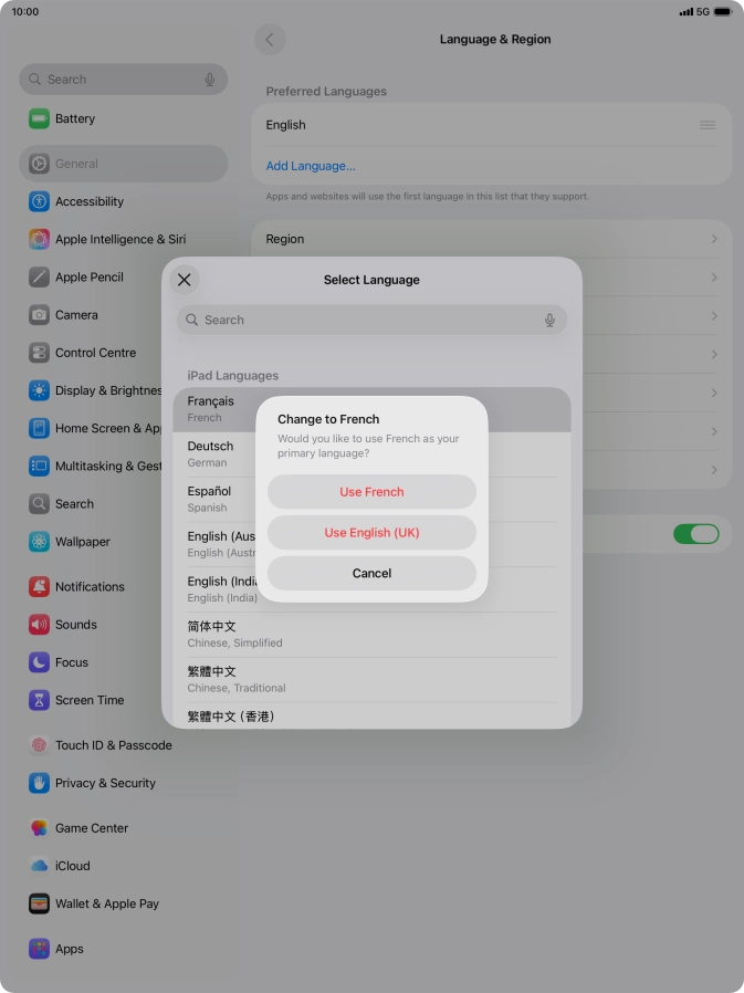 To select the new language as the default tablet language, press Use ‹language›.