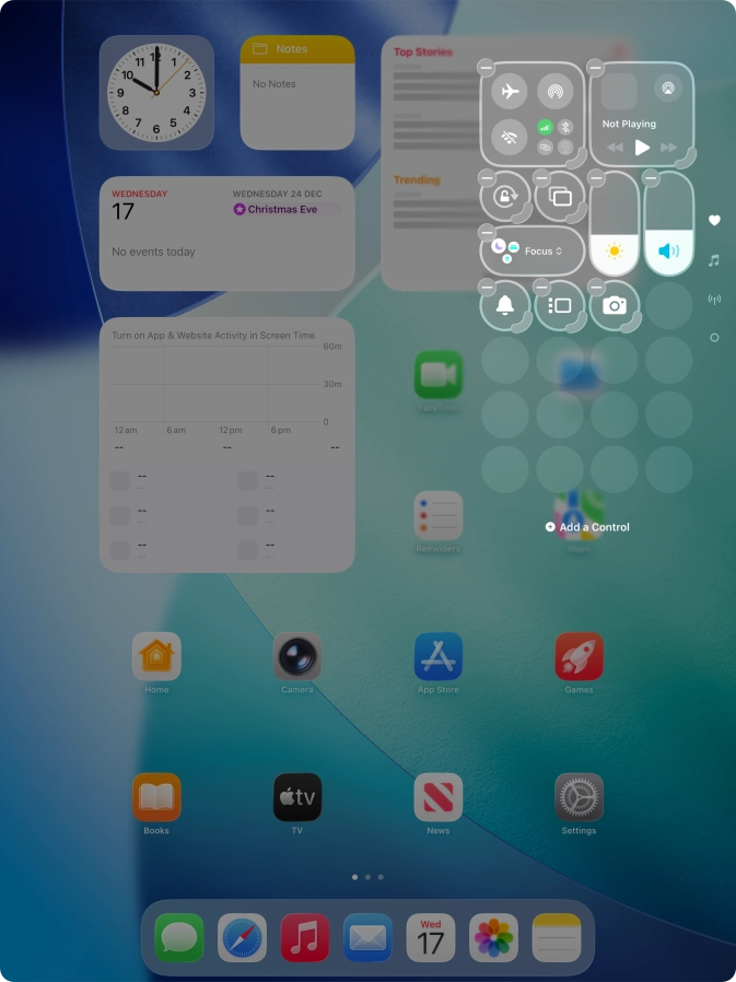 Press Add a Control and follow the instructions on the screen to add the required function to Control Centre.