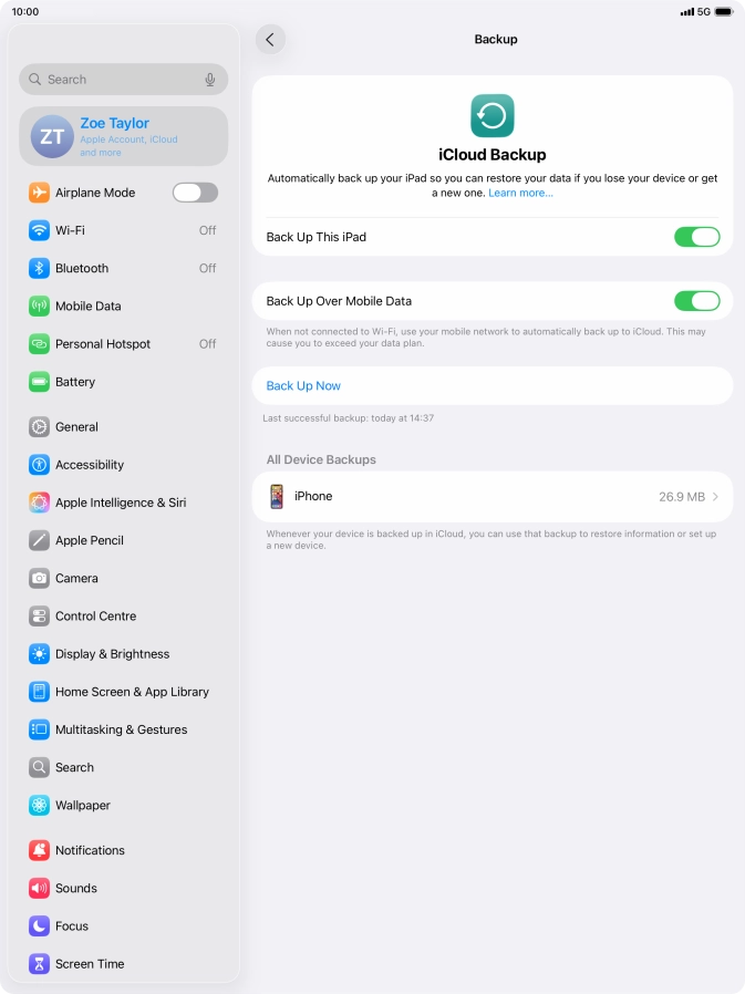 Press Back Up Now and wait while the tablet memory is backed up.