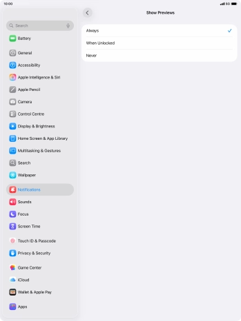 To select notification preview on the lock screen, press Always.