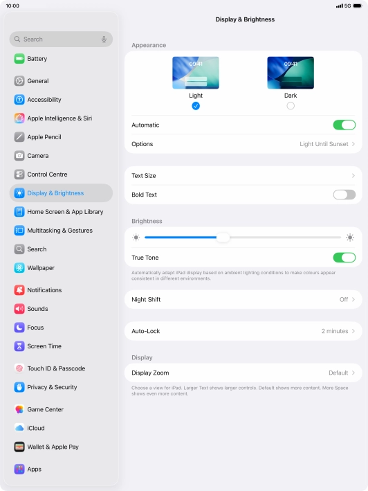 If you turn on the function, press Options and follow the instructions on the screen to select the required period of time for Dark Mode.