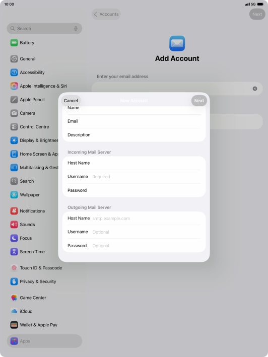 Press Username and key in the username for your email account.
