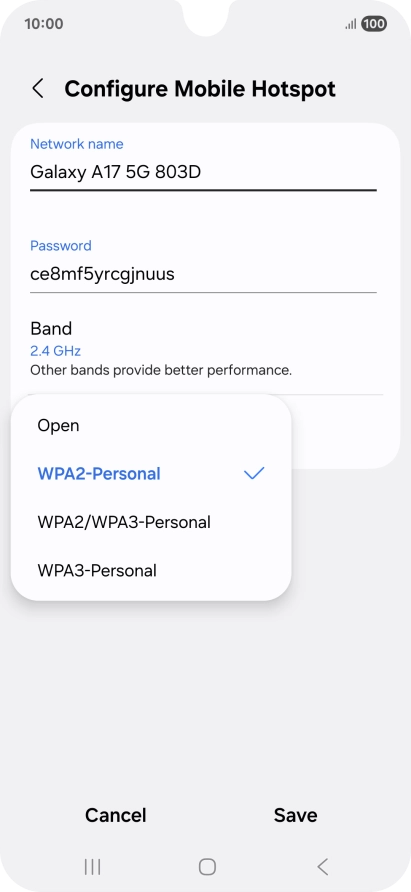 Press WPA3-Personal to password protect your Wi-Fi hotspot.