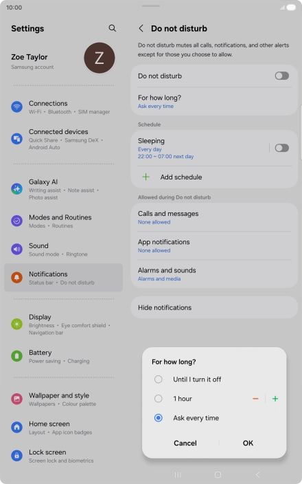 Press the required setting.