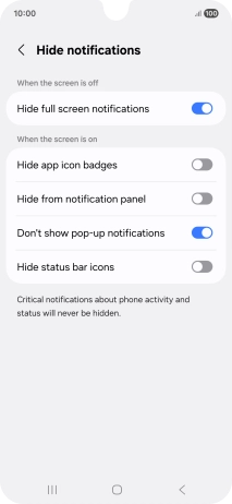 Press the indicators next to the required settings to turn display of the selected notification types on or off.