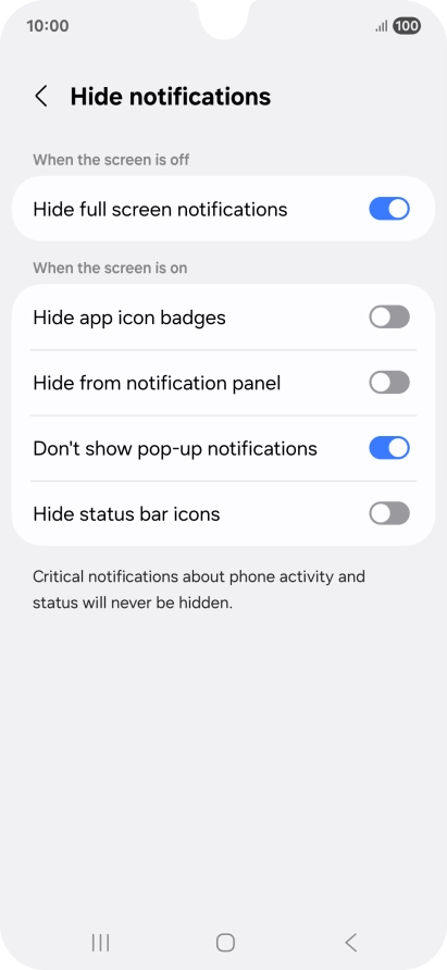 Press the indicators next to the required settings to turn display of the selected notification types on or off.