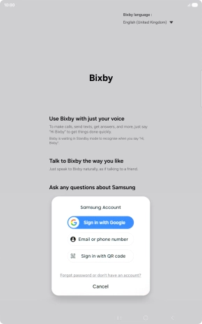 Press the required setting and follow the instructions on the screen to log on to your Samsung account.