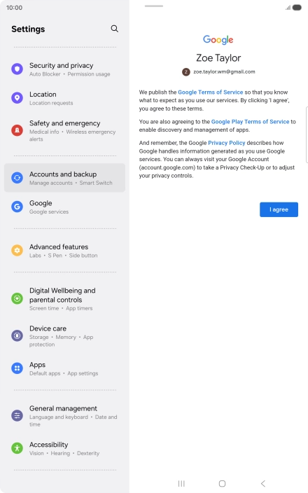 Press I agree and follow the instructions on the screen to select settings for your Google account.