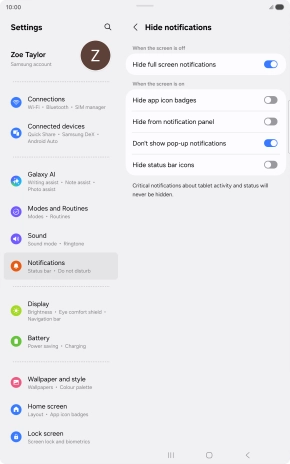 Press the indicators next to the required settings to turn display of the selected notification types on or off.