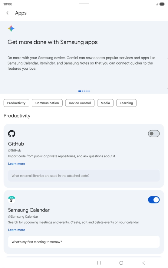 Press the indicator next to the required extension to turn on the function.