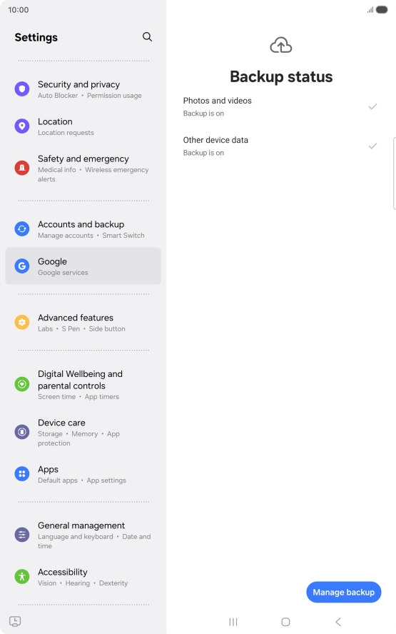 Press Manage backup.