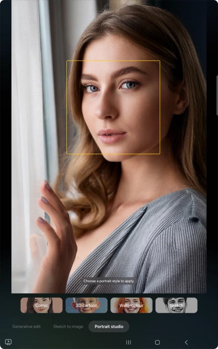 To change your portrait photos to different styles, press Portrait studio.