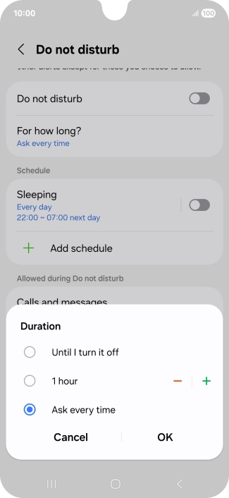 Press the required setting.
