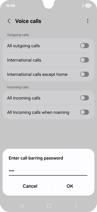 Key in your barring password and press OK. The default barring password is 1919.