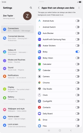 Press the indicators next to the required apps to turn the function on or off.