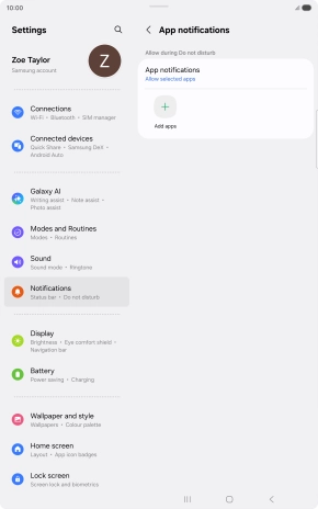 Press Add apps and follow the instructions on the screen to select which apps you would like to receive notifications from when Do Not Disturb is turned on.