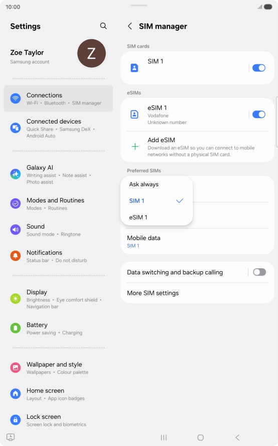 Press the required setting.