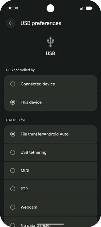 Press File transfer/Android Auto.