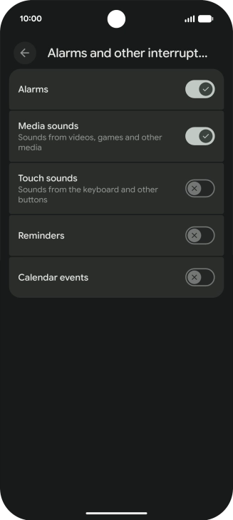 Press the required settings to turn sound and vibration for the selected functions on or off.