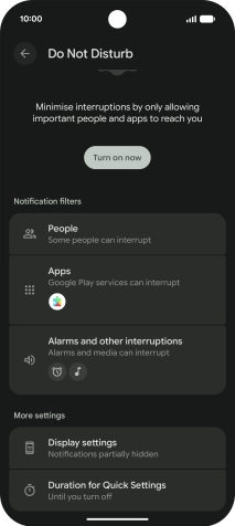 Press Turn on now to turn the function on or off.