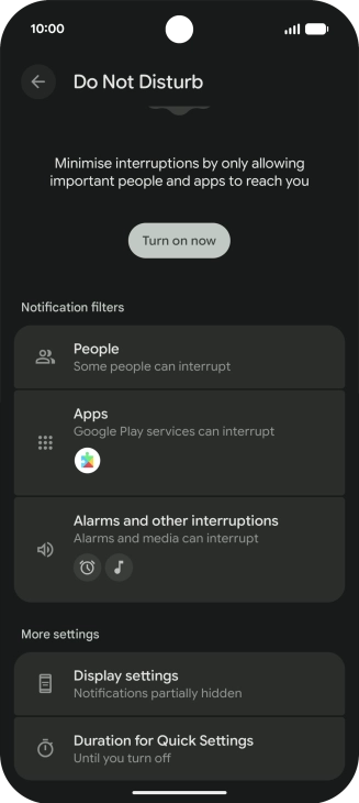 Press Turn on now to turn the function on or off.