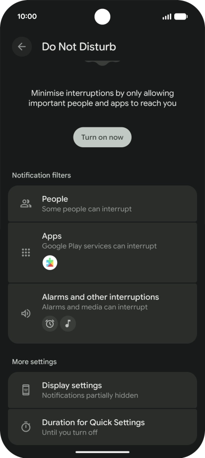 Press Turn on now to turn the function on or off.
