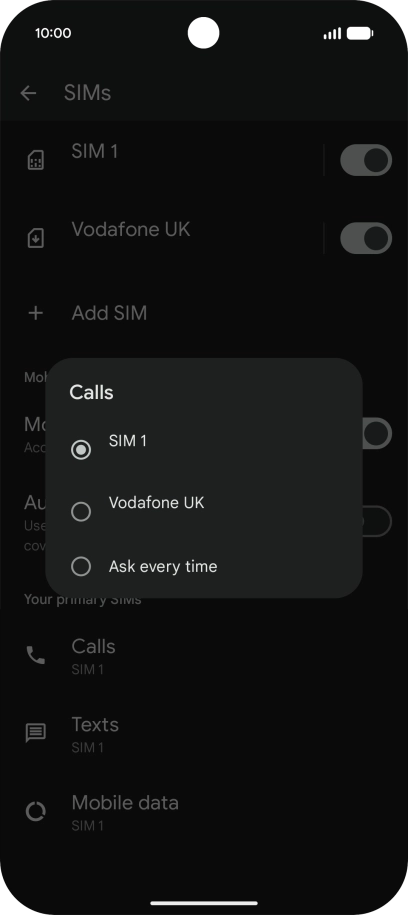 Press the required setting.