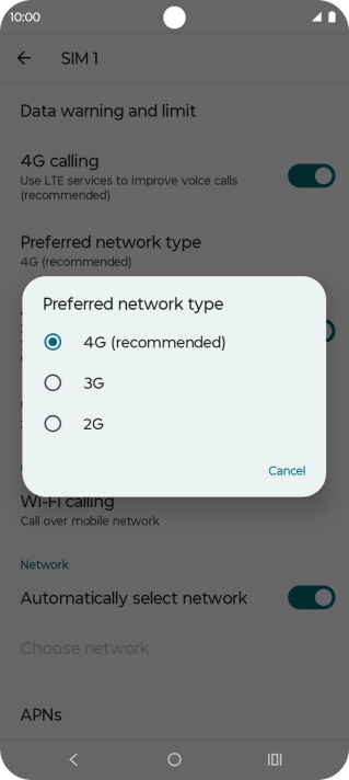 Press the required network mode.