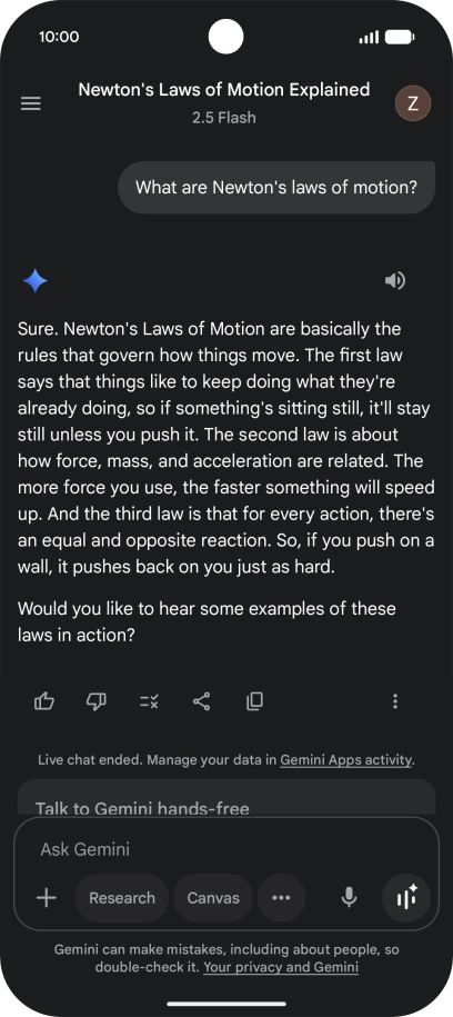 Transcription of the conversation with Gemini Live is now displayed.