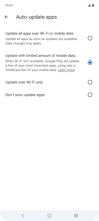 To turn on automatic update of apps using mobile network, press Update all apps over Wi-Fi or mobile data.
