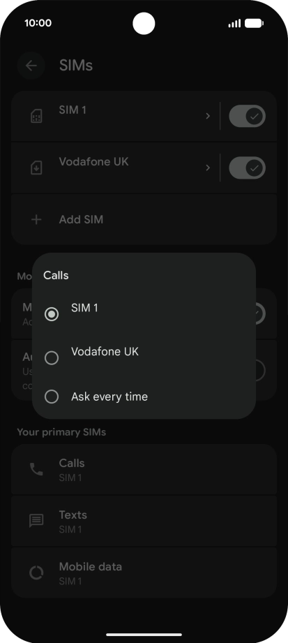 Press the required setting.