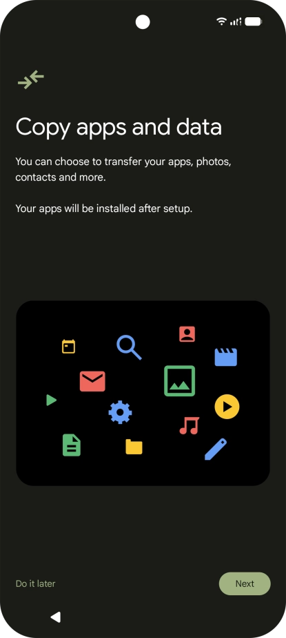 When this screen is displayed, your phone is ready to restore content from a Google One backup.