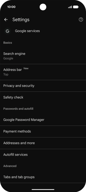 Press Privacy and security.