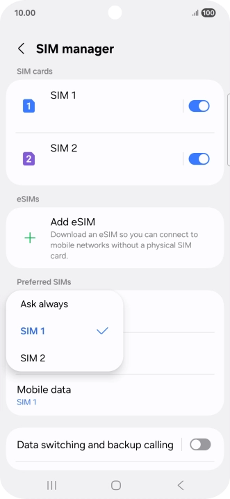 Press the required setting.