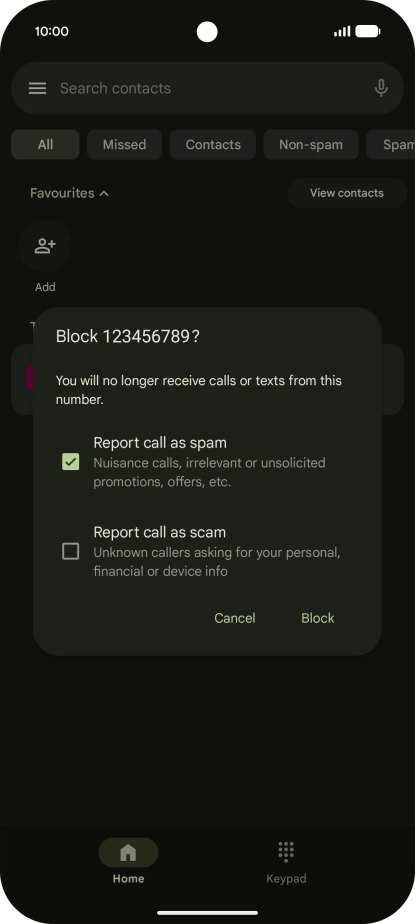To report the number as spam, press the field next to 
