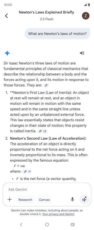 Transcription of the conversation with Gemini Live is now displayed.