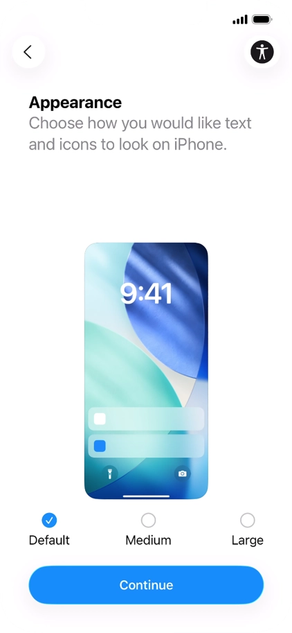 Select the required text and icon size on your phone and press Continue.