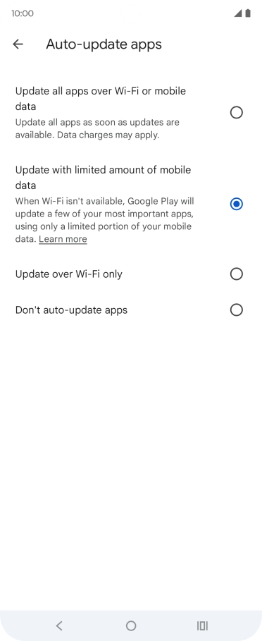 To turn on automatic update of apps using mobile network, press Update all apps over Wi-Fi or mobile data.