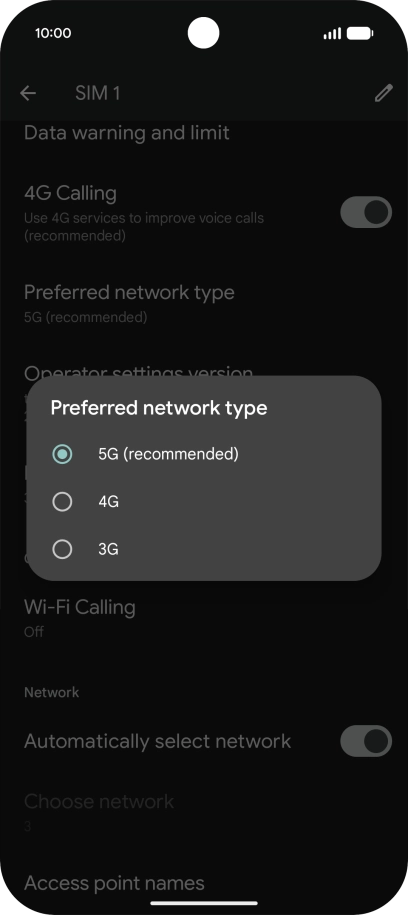 Press the required network mode.