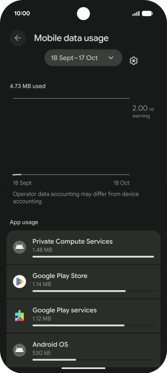 The data usage for each application is displayed below the name of the application.