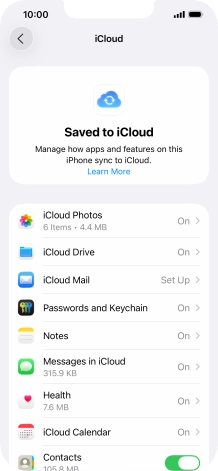 Press the indicators next to the required data types to turn synchronisation of each data type on or off.