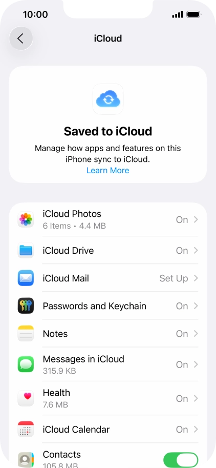 Press the indicators next to the required data types to turn synchronisation of each data type on or off.