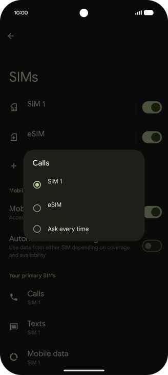Press the required setting.