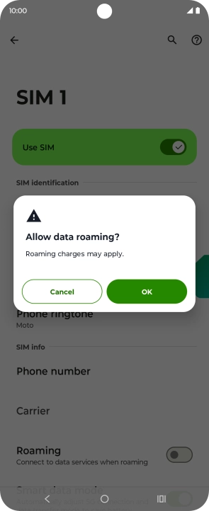If you turn on data roaming, press OK.
