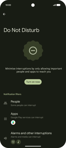 Press Turn on now to turn the function on or off.