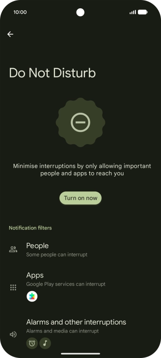 Press Turn on now to turn the function on or off.