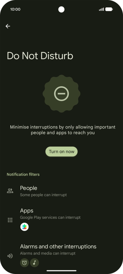 Press Turn on now to turn the function on or off.